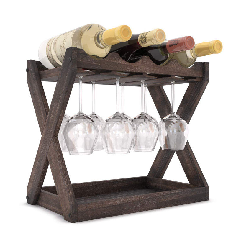 Selman 4 Bottle Solid Wood Tabletop Wine Bottle & Glass Rack in Torched Brown