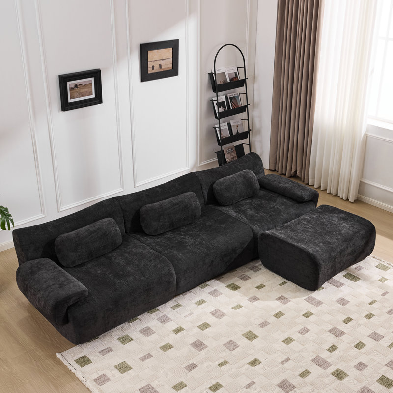 Canapé modulaire en chenille à assise profonde et repose-pieds en rayonne de 108 po Boneless, Chenille noir