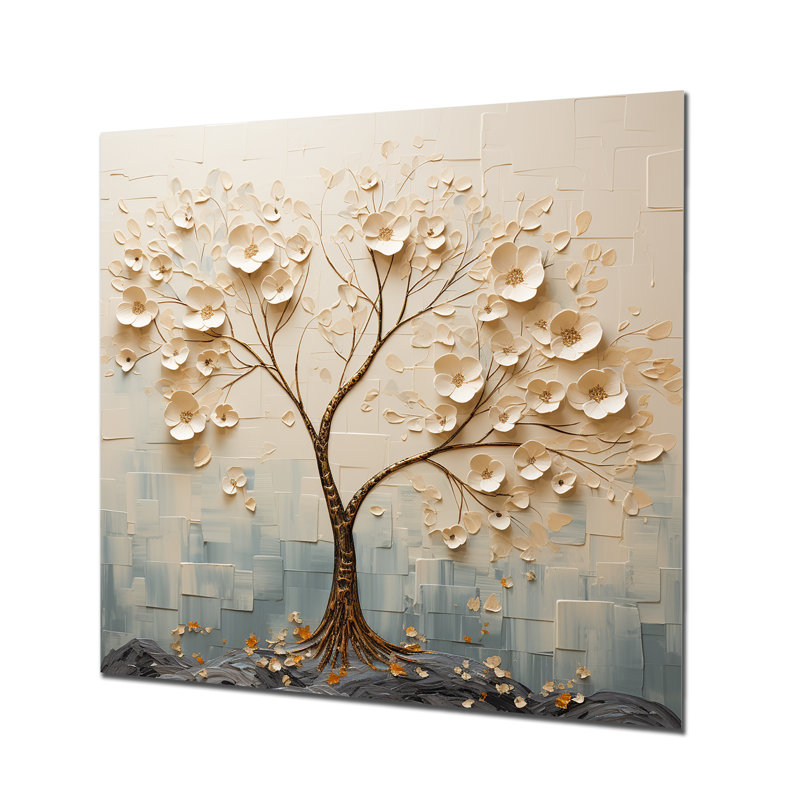 Arbre avec fleurs blanches, gloire du matin, H 30 po x l 30 po, Sans cadre, métal