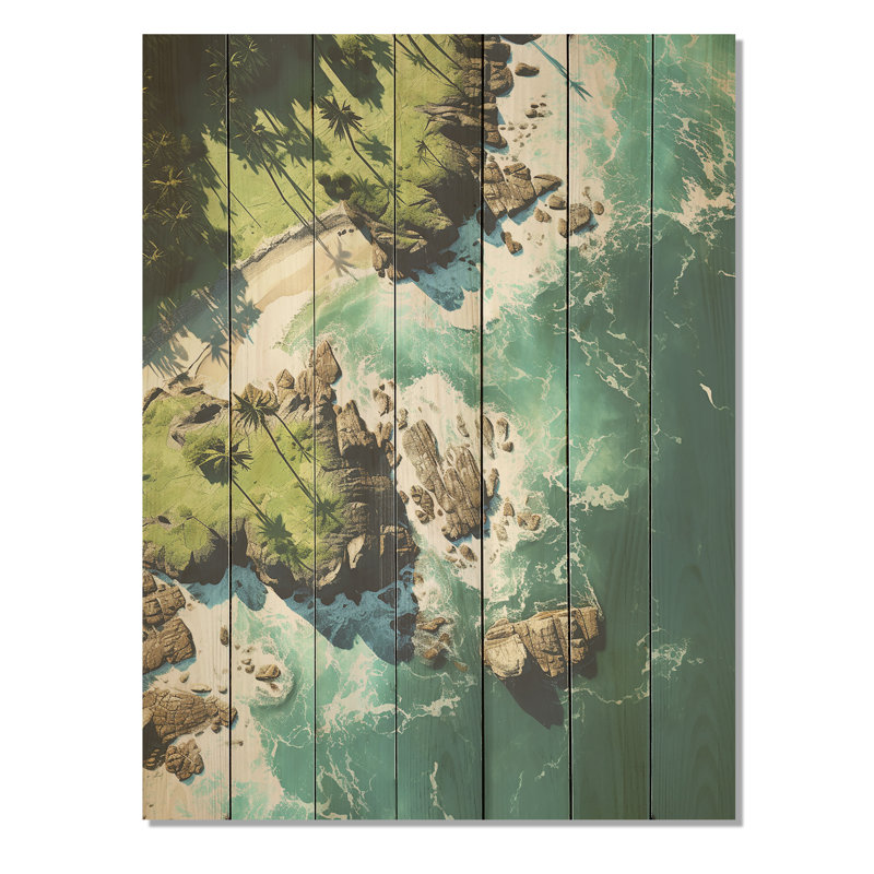 Vue aérienne de l'île tropicale I - plage sur bois, H 32 po x l 24 po