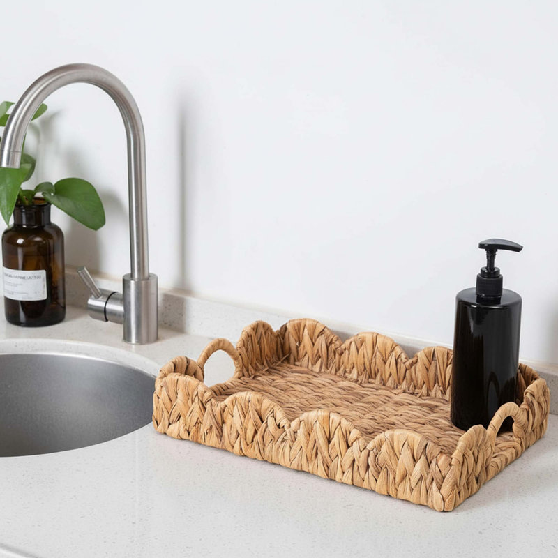 Hand-Woven Water Hyacinth Rectangle Serving Tray with Handles Set of 2 Wicker Decorative Scalloped Trays