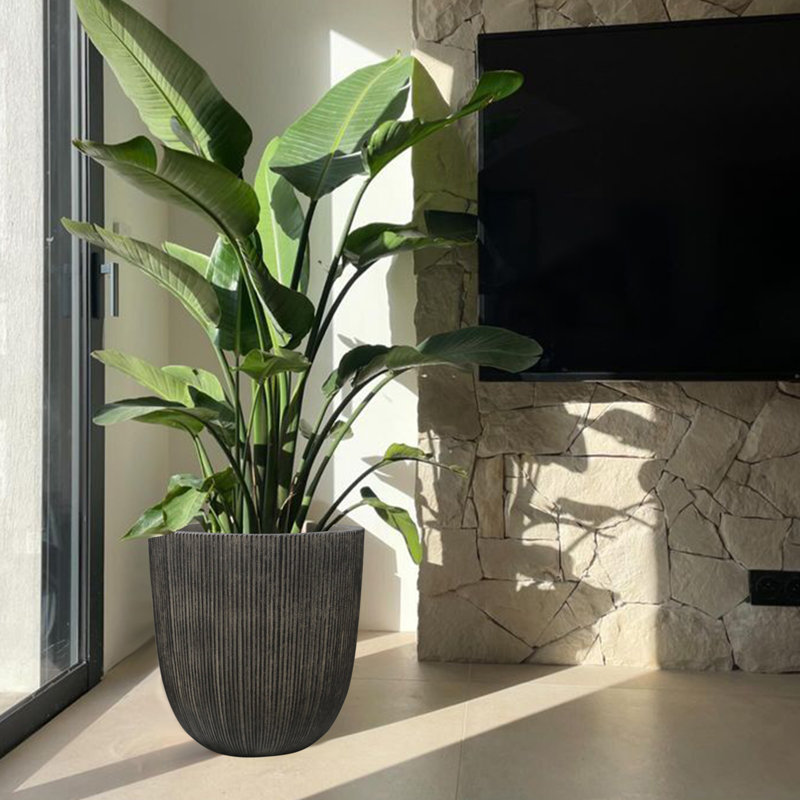 14.8" Vintage Black Ribbed Planter, Cement-Look Tapered Egg-Shaped Plastic Pot with Drainage, Large Modern Indoor & Outdoor Flower Pot for Patio Garden, 12.5" Opening