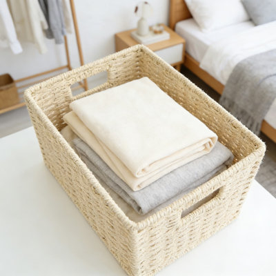 Panier de rangement en rotin tissé à la main, boîte de rangement tissée pour l'organisation à la maison, bac de rangement décoratif pour le salon, la chambre à coucher, le placard, la bibliothèque