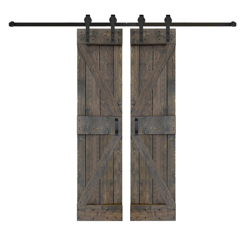 Porte de grange coulissante double en bois massif de style K avec ensemble de quincaillerie - Assemblage requis, Gris vieilli