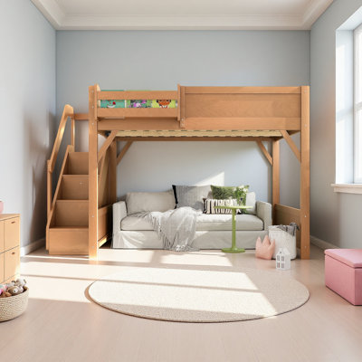 Lit mezzanine avec garde-robe et espace de rangement intégrés, lit mezzanine en bois massif avec tablettes à côté, garde-corps pleine longueur et escalier, aucun sommier nécessaire