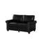 Canapé en similicuir noir, construction robuste, assise confortable, capacité de charge de 272 kg, montage facile, clous décoratifs, rangement intégré. Structure solide.