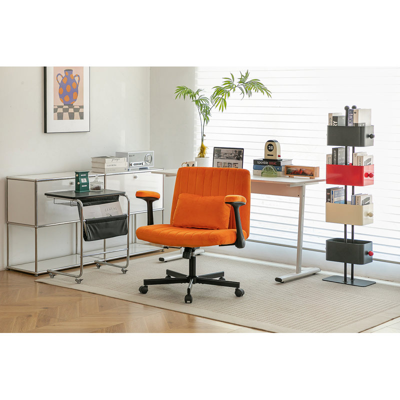 Fauteuil de bureau orange en velours orange avec accoudoirs croisés - élégant, confortable et ergonomique pour le bureau à domicile, les jeux et le maquillage