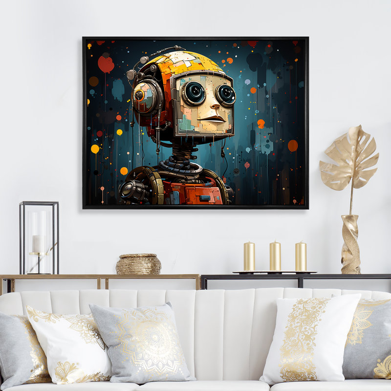 Popart Robot Fusion II - Art mural Pop Art, Cadre flottant noir, H 30 po x l 40 po x P 1,5 po