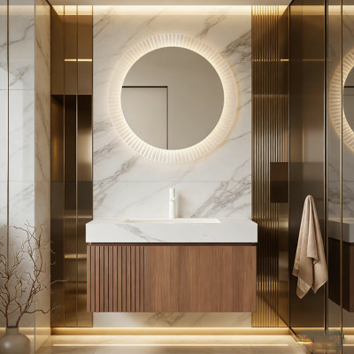 Meuble-lavabo 36 po, meuble de rangement suspendu en panneau de particules avec tiroirs et portes, comptoir en pierre et lavabo en céramique, comprenant 1 trou de robinet pré-percé, pré-assemblé