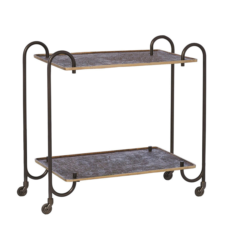 Regan Aged Brass and Dark Bronze Textured Metal Bar Cart with Casters