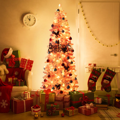 6'/7.5' Pencil Christmas Tree with Lights, Pre-lit Slim Christmas Trees, 4 Colours Available