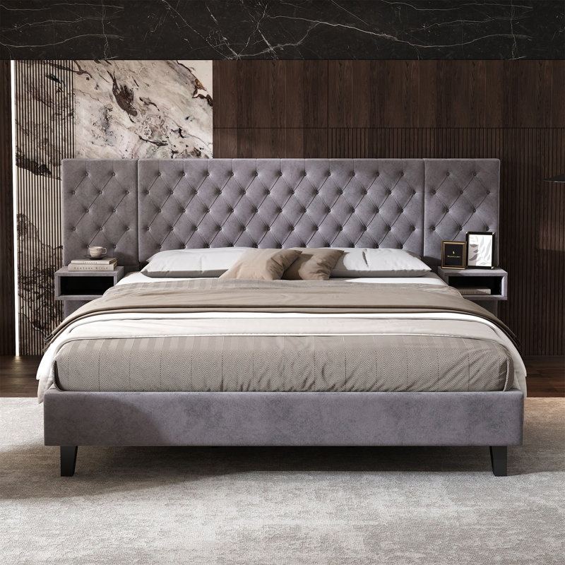Lit plateforme moderne avec tête de lit, lit plateforme tapissier moderne en velours avec 2 tables de chevet, Gris