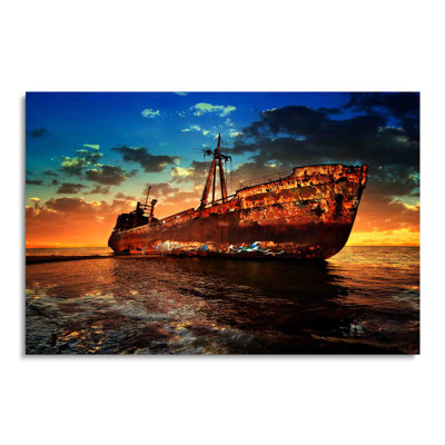 Bateau rouillé au coucher du soleil, décoration murale paysage marin, acrylique