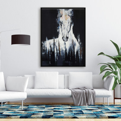Cheval abstrait blanc sur fond noir, reproduction sur toile