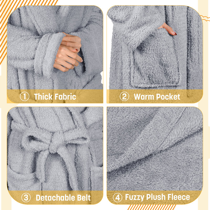 Medium Gray Plush Fleece Long Bathrobe with Pockets