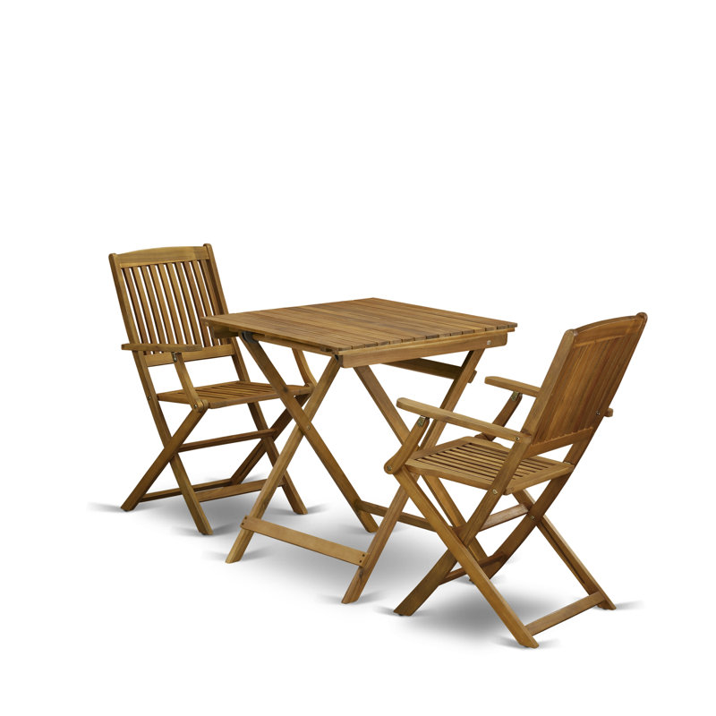 Ensemble de table bistro 3 pièces pour patio comprenant une table basse carrée d'extérieur en bois d'acacia et 2 chaises à accoudoirs pliantes, huile naturelle