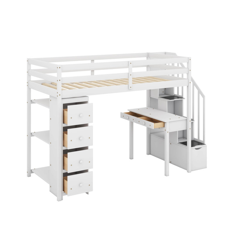 Twin Loft Bed With Drawers,Desk And Stairs, White