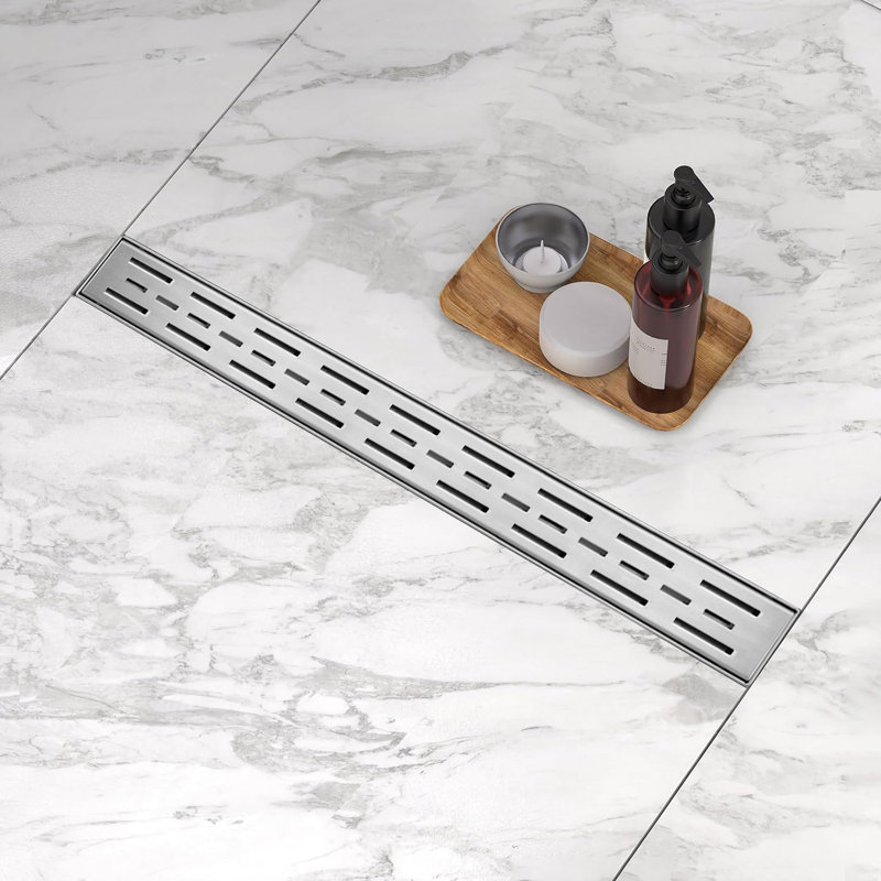 28 Inches Linear Shower Drain With Removable Bar Pattern Grate,Linear Drain With Hair Strainer And Leveling Feet,Stainless Steel,Brushed Nickel