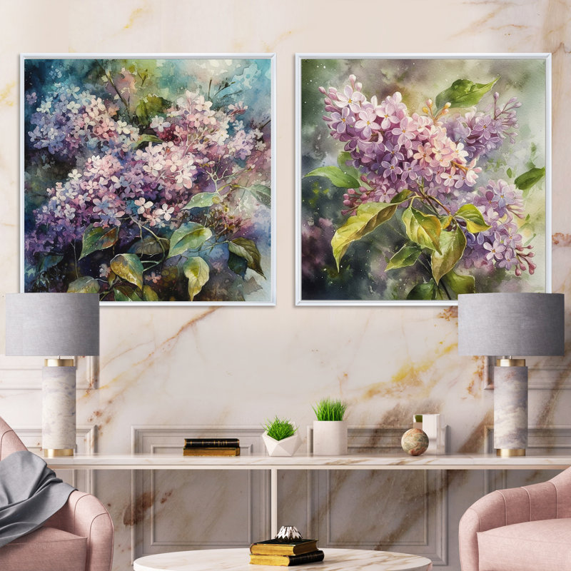 Mauve, vert, beaux lilas - lilas floraux, ensemble de 2 carrés, H 30 po x l 61 po, Cadre flottant blanc