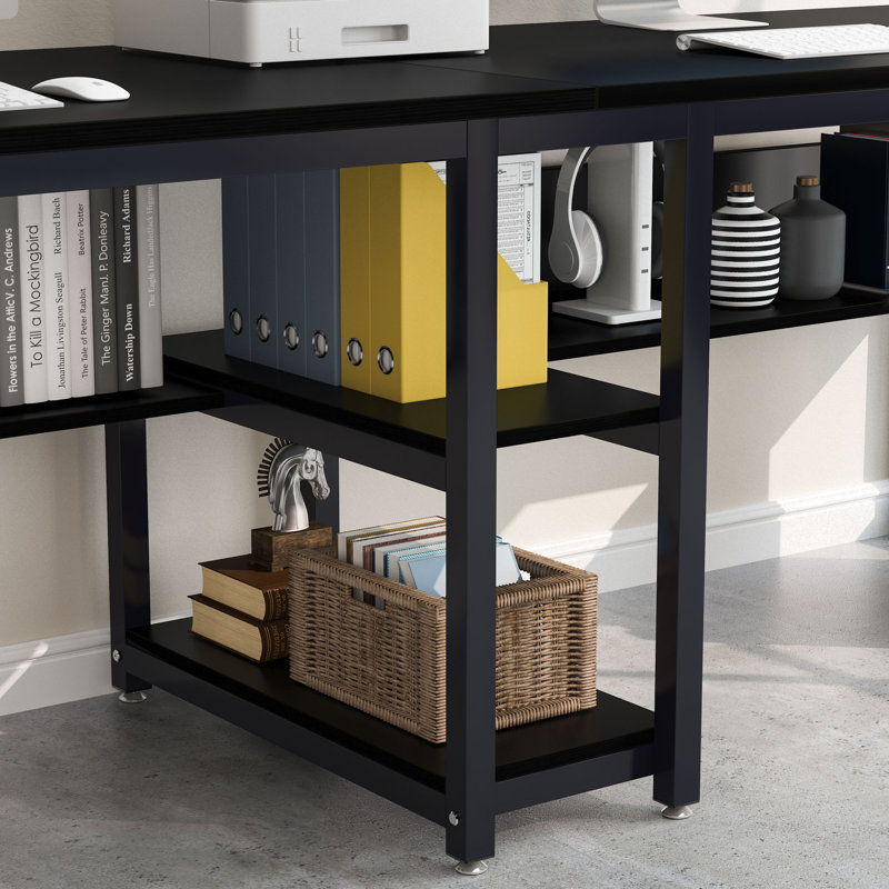 Black Double Workstation Desk with Shelves for Two