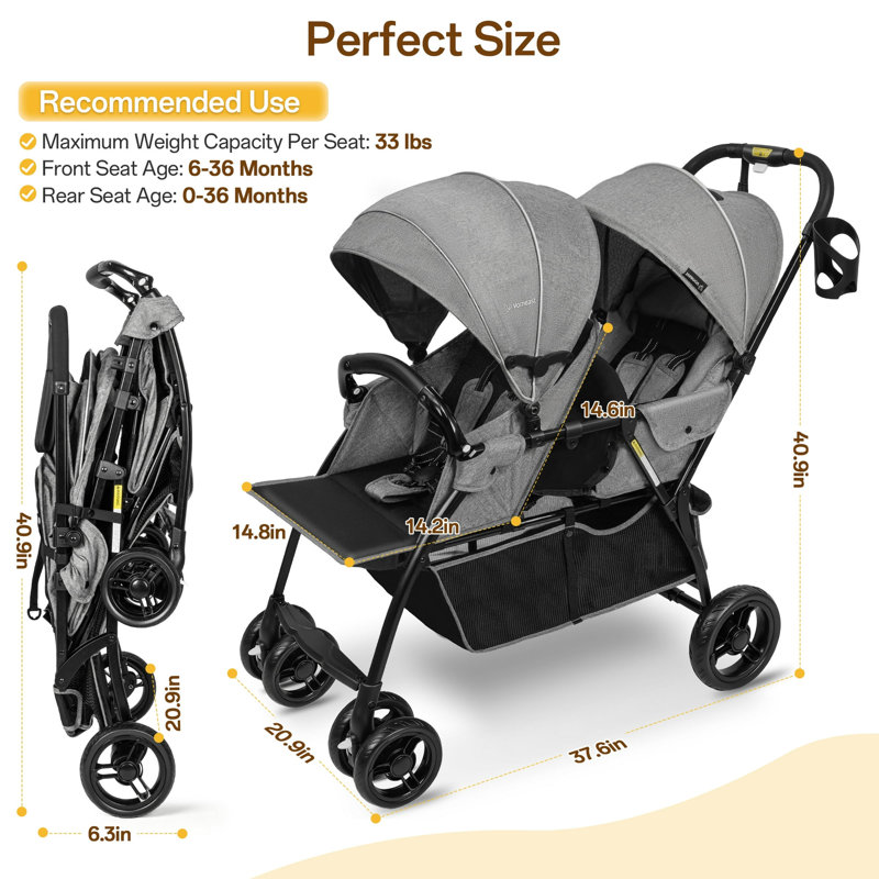 Double Stroller with Twin Seats, 5-Point Harness, Adjustable Canopies, Grey, Grey