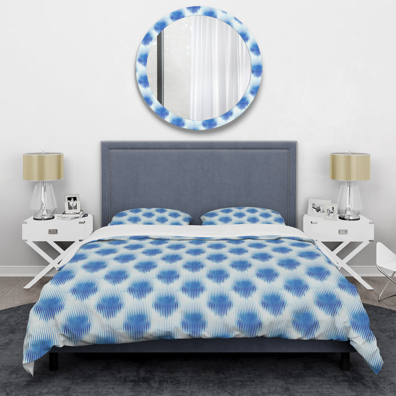 Blue Indigo Ikat Polyester Geometric Shapes Duvet Cover, King Duvet Cover + 2 King Shams