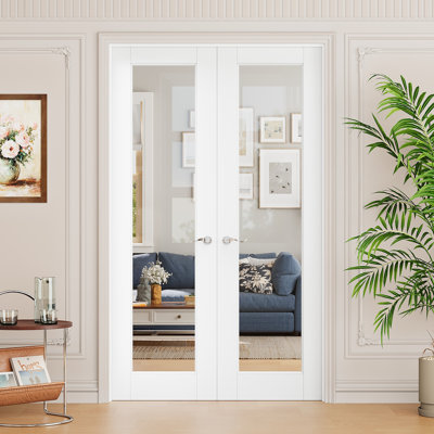 Interior Pantry French Doors Clear Glass 1-Lite Modern Solid Core Manufactured Wood Primed Double Door with Hardware / Frame