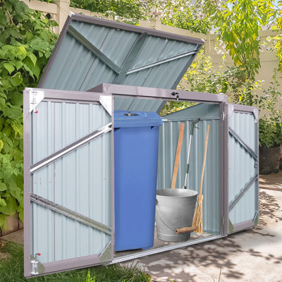 2 cabanons d'extérieur en métal - galvanisé, résistant aux intempéries, gris pour bac de rangement dans la cour avec serrure en acier galvanisé, 2 poubelles,