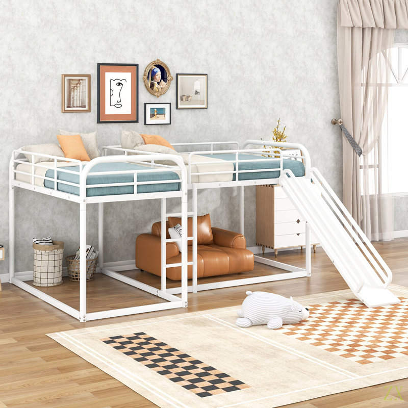 Lit superposé en L pour lit double et simple avec glissière et échelle courte, Blanc