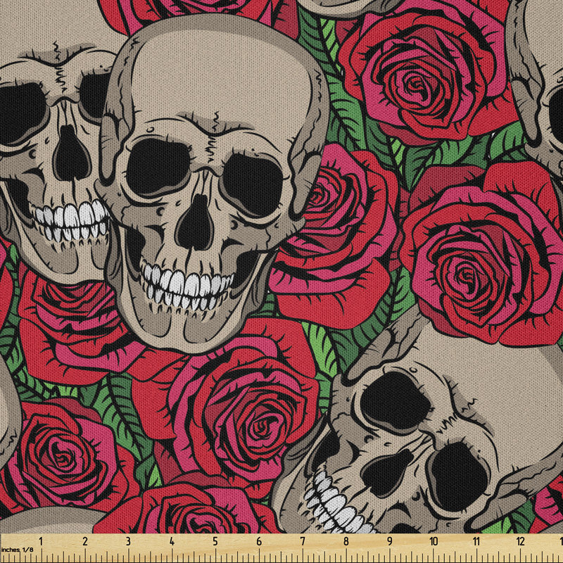 Skull Red Flowers Retro Fabric