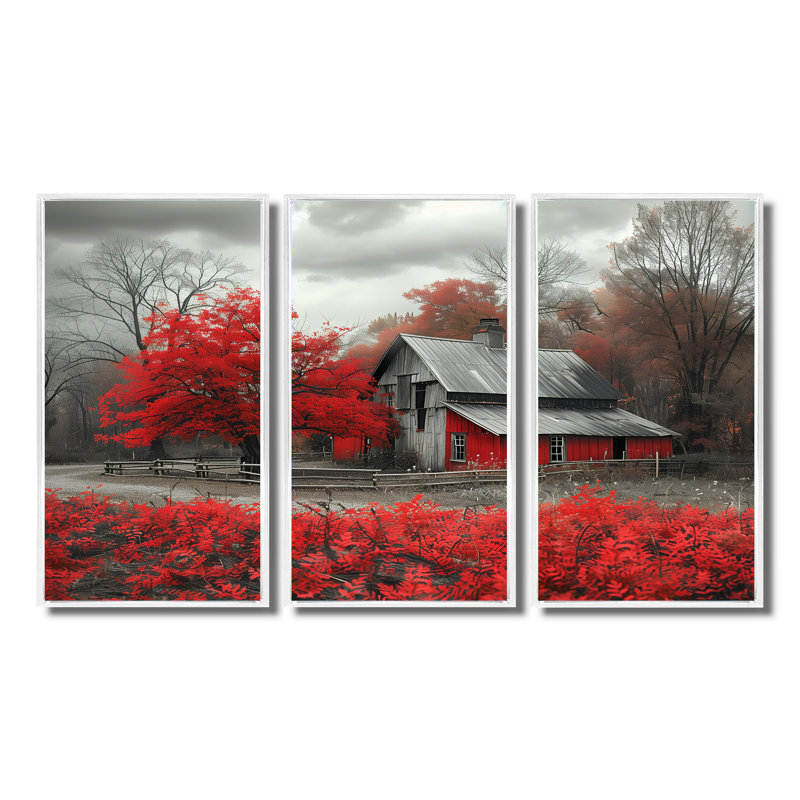 Rouge et gris Autumn Barn Refuge II - ensemble d'art mural de grange, Cadre flottant blanc, H 28 po x l 36 po