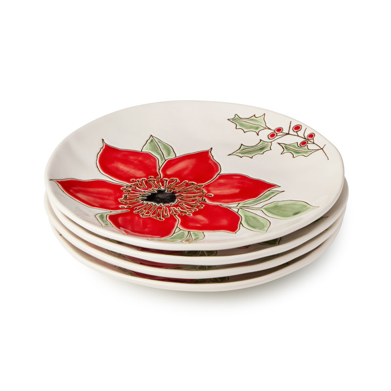 Ensemble de 4 assiettes à dessert Festive Blooms - Quatre assiettes en grès blanc de 8,5 pouces transportant la fleur écarlate audacieuse de la collection à chaque plat du repas des Fêtes.