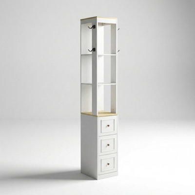 Tall Slim Three-Tier Media Storage Cabinet with Drawers and Hooks for Organized Home Display