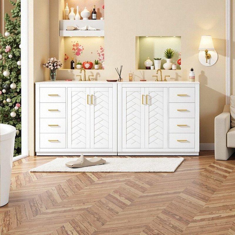 Ensemble de meuble-lavabo sur pied 72 po avec armoire de rangement en bois massif à 4 portes et 6 tiroirs, Blanc