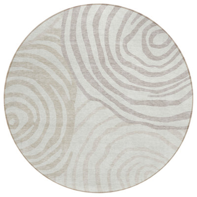8' Ivory Beige And Khaki Round Abstract Washable Indoor Outdoor Area Rug