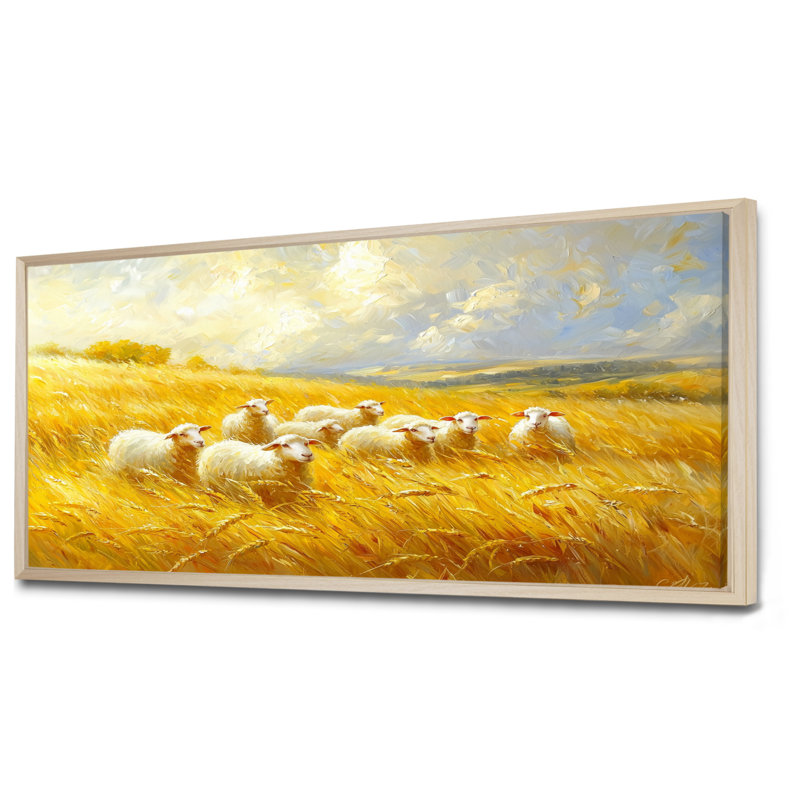 Golden Fields of Sheep I - Sheep, art mural, H 28 po x l 60 po, Reproduction avec cadre flottant, Crème, crème