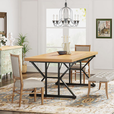 Table de salle à manger 71 po pour 6 personnes, table de cuisine rectangulaire rustique avec pieds en métal à tréteaux en X, table de salle à manger en bois pour la salle à manger, noyer clair et noir
