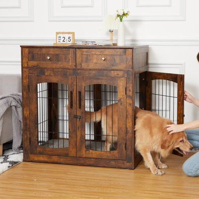 Mobilier de cage pour chien avec coussin, chenil en bois pour l'intérieur avec 2 tiroirs, table de bout avec rangement pour chien