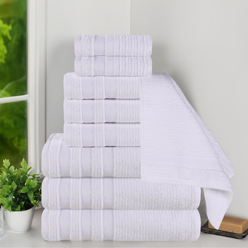 Orley Zero Twist Cotton Ribbed Modern Geometric Border Soft Highly-Absorbent Assorted 9 Piece Bathroom Towel Set, White