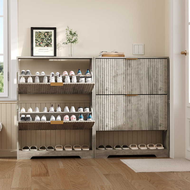 Shoe Storage Cabinet w/ 2 Flip Drawers, Slim Fluted Entryway Organizer w/ Open Shelf, 29.9" W, Gray, Gray