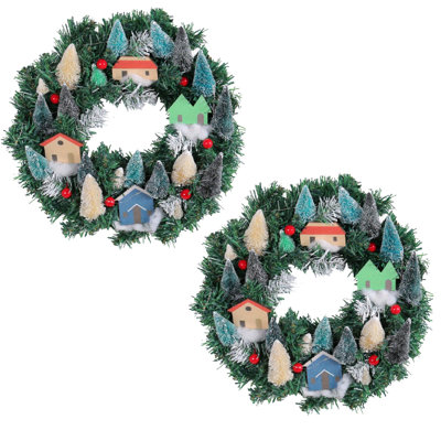 2 pièces couronne de Noël artificielle avec mini maisons, couronne de porte d'entrée de village d'hiver pour foyer mural (ensemble de 2)
