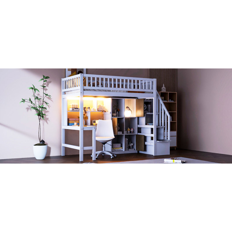 White Twin Wood Loft Bed With Built - In Desk, Led, 2 Tier Storage Shelves, 6 Cabinets And Staircase For Small Bedroom Size Shelving, Bedside Calmness