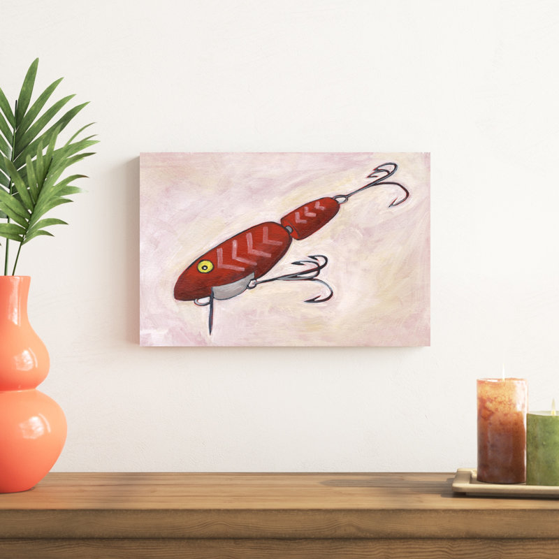 «Retro Fishing Lure VI» par Regina Moore - peinture sur toile tendue, H 12 po x l 18 po