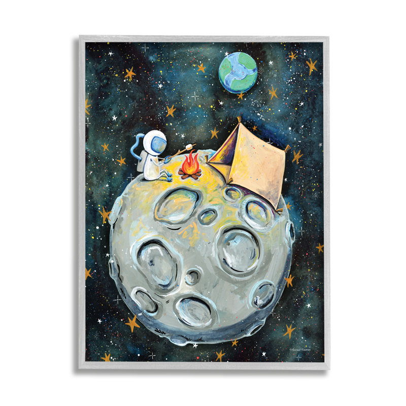 Astronaut Camping Moon Whimsical Stars Outer Space, 11" W x 14" H, Farmhouse Grey Framed Giclee