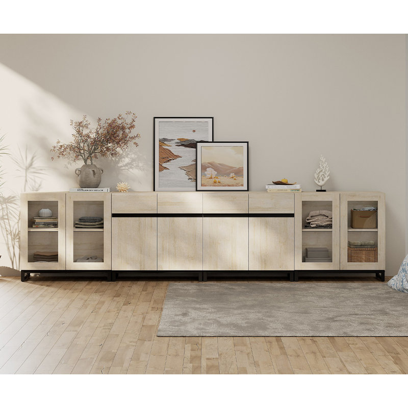 Commode moderne avec tablettes réglables, armoire de rangement 4 en 1 avec portes en verre pour la chambre à coucher, Beige