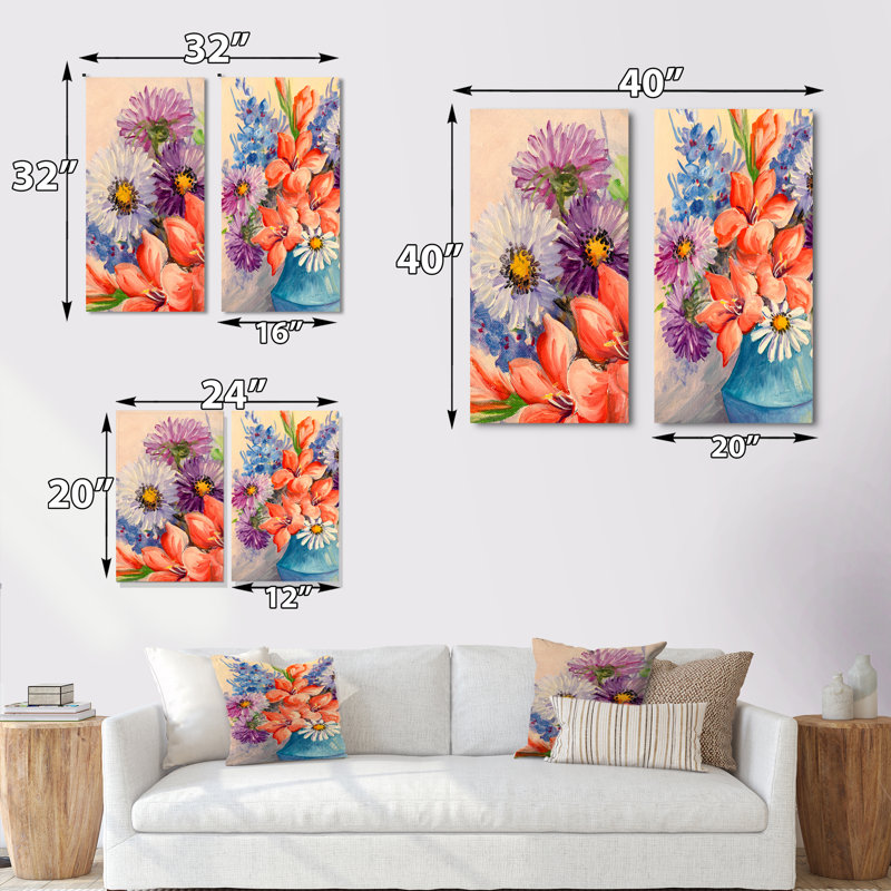 «Vintage Bouquet of Blossoming Wildflowers IV», ensemble de 2 peintures sur toiles, H 20 po x l 24 po x P 1 po, Toile tendue