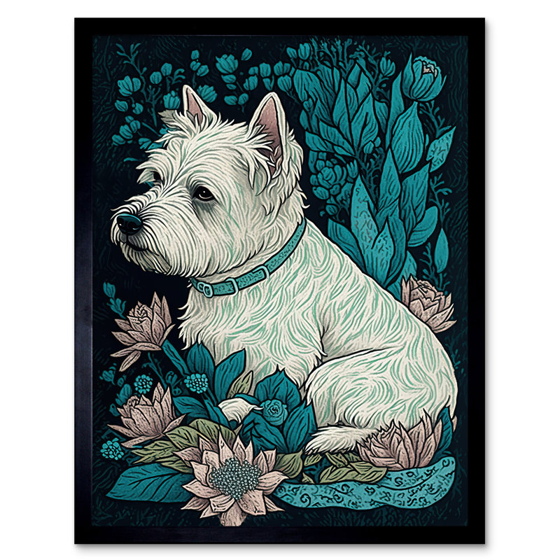 West Highland White Terrier Sitting In Flower Field Modern Dark - Single Picture Frame Print