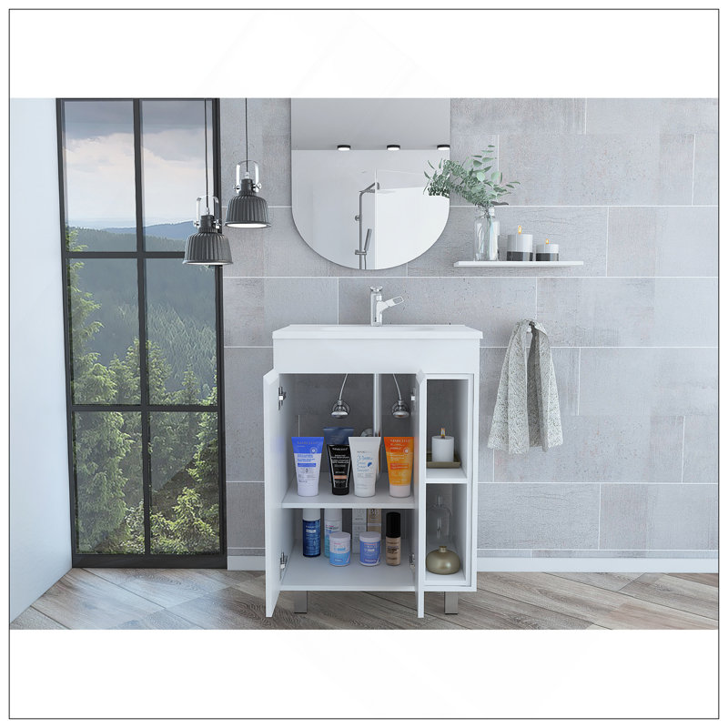 Meuble-lavabo 24 po Meka, deux tablettes extérieures, armoire à deux portes - blanc