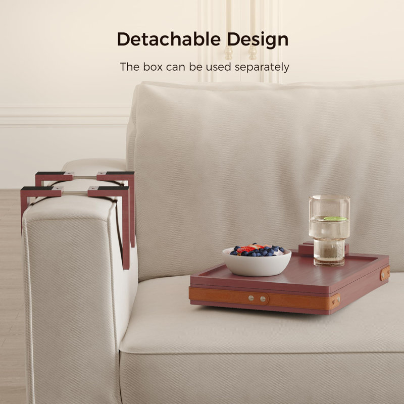 Rose Brown Sofa Armrest Tray With Storage Box, Bamboo Couch Arm Table With 360° Rotating Tabletop And Phone Stand, Adjustable Sofa Arm Clip Table