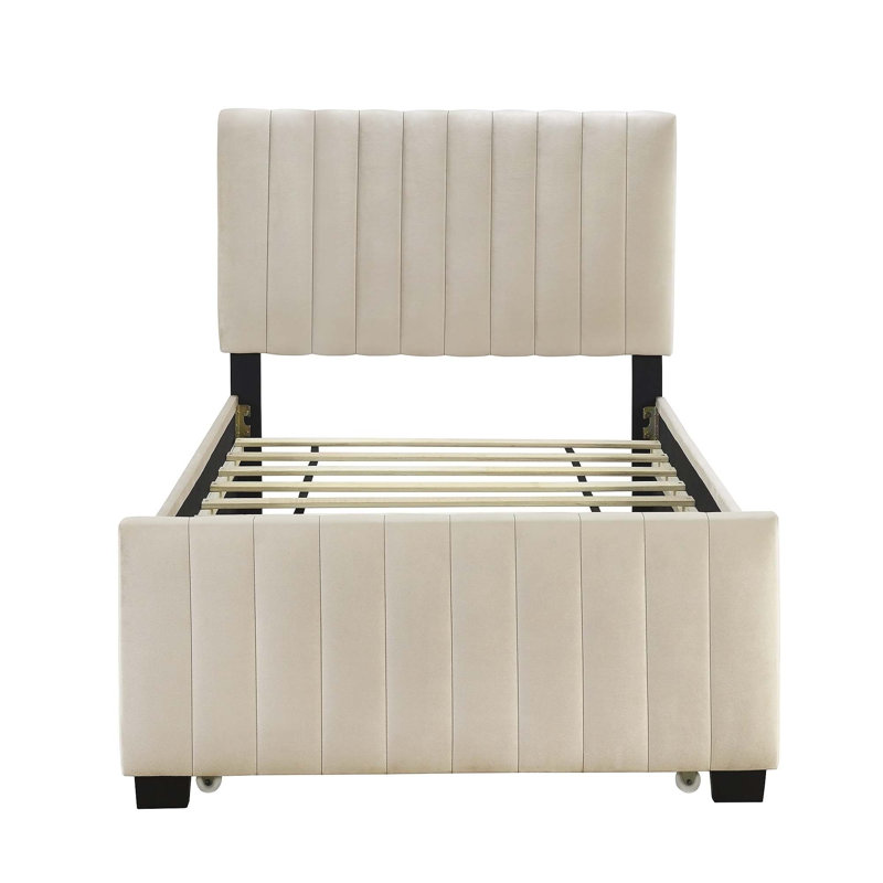 Luxurious Velvet Upholstered Platform Bed with Twin Trundle for Ultimate Comfort, Beige, Twin